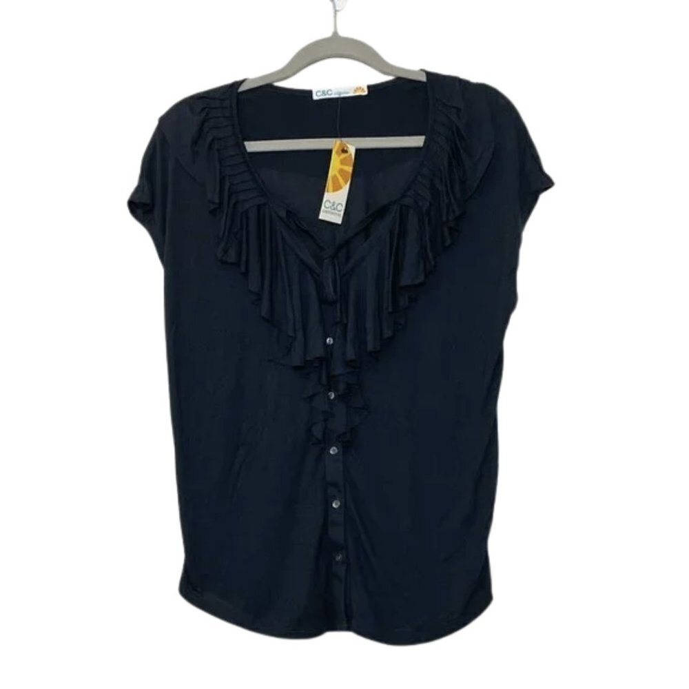 NWT C&C California Ruffle Button Down V Neck Black Knit Top Sz. S